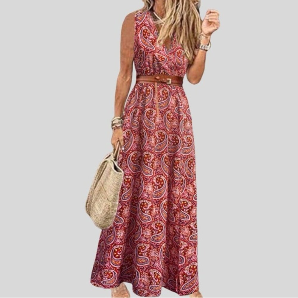 Boho A-Line Paisley Maxi Dress Red - Picture 3 of 5